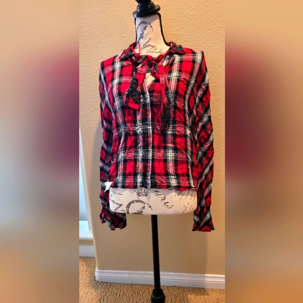 Zara Trafula Red and Black Checkered Button Down Shirt w/ tie
